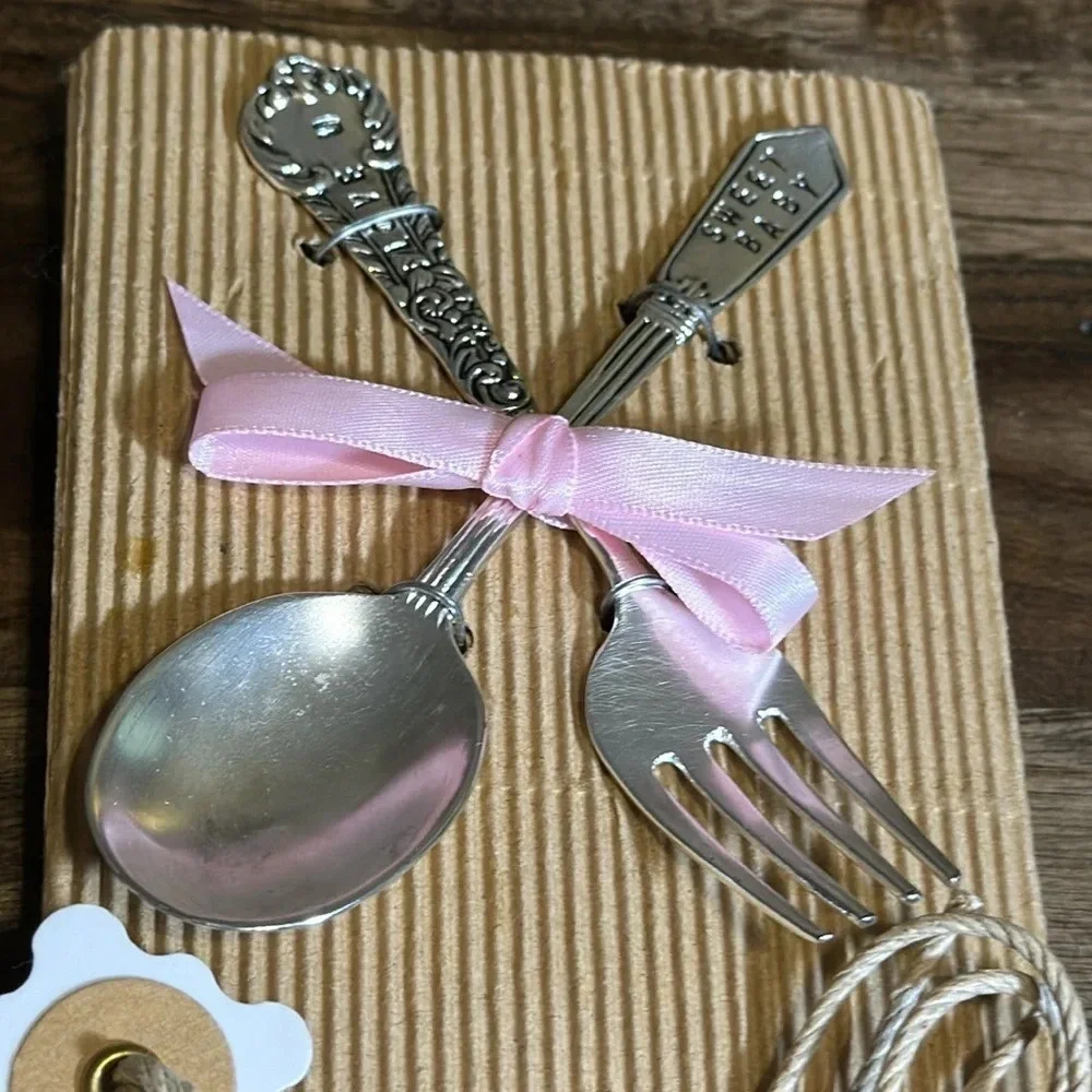 MUD PIE Children’s Girl Feeding Fork Spoon Set Sweet Baby Love You Pink Ribbon